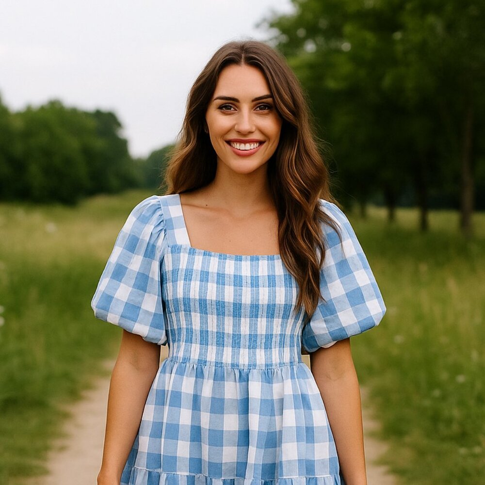 Women 3X Grace + Karma Blue White Gingham Smocked Puff Sleeve Peplum Y2K Blouse